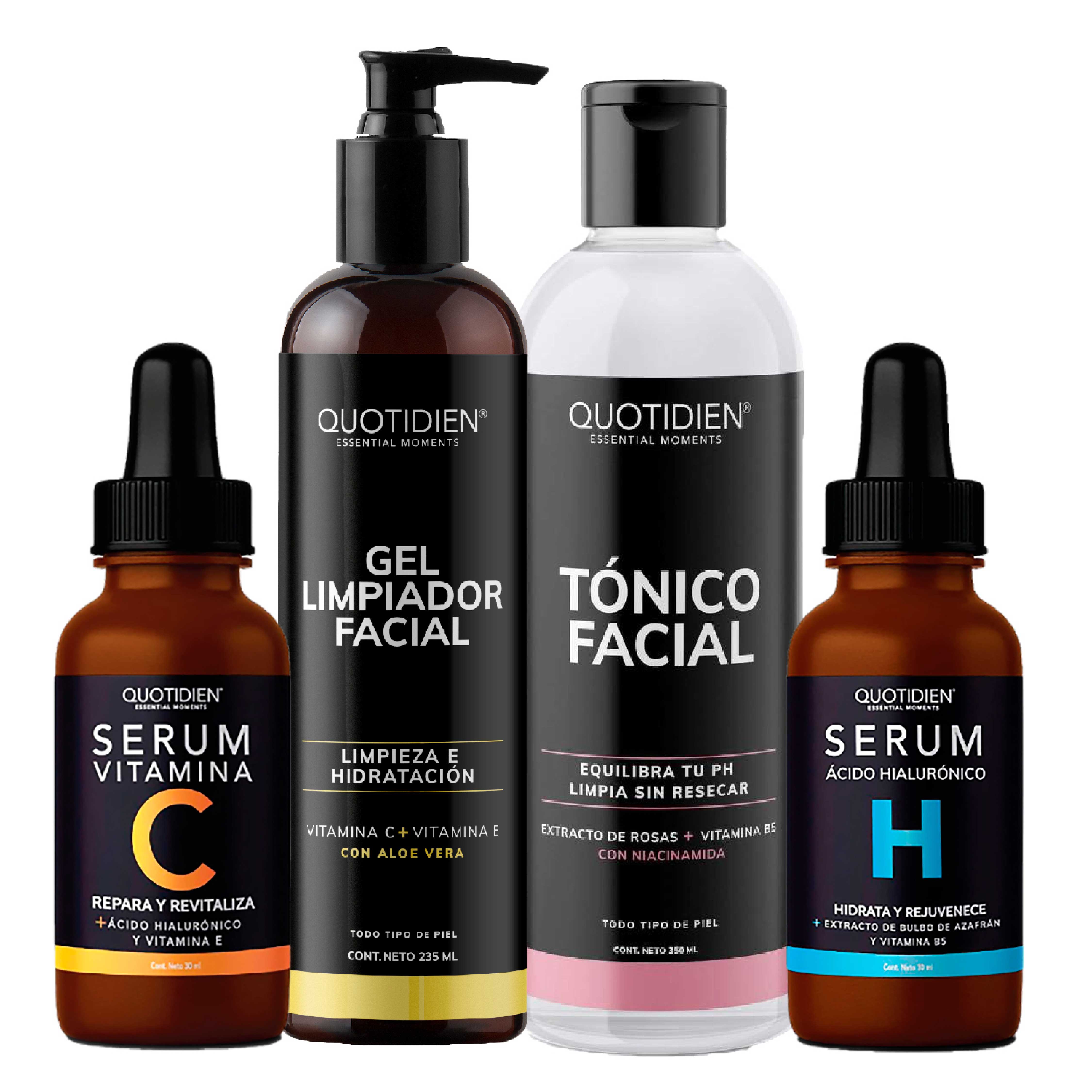 Kit 4 Pasos (24% OFF) : 1 Limpiador Facial 235 ml + 1 Tónico Facial 350 ml + 1 Serum Vitamina C 30ml + 1 Serum Ácido Hialurónico 30ml