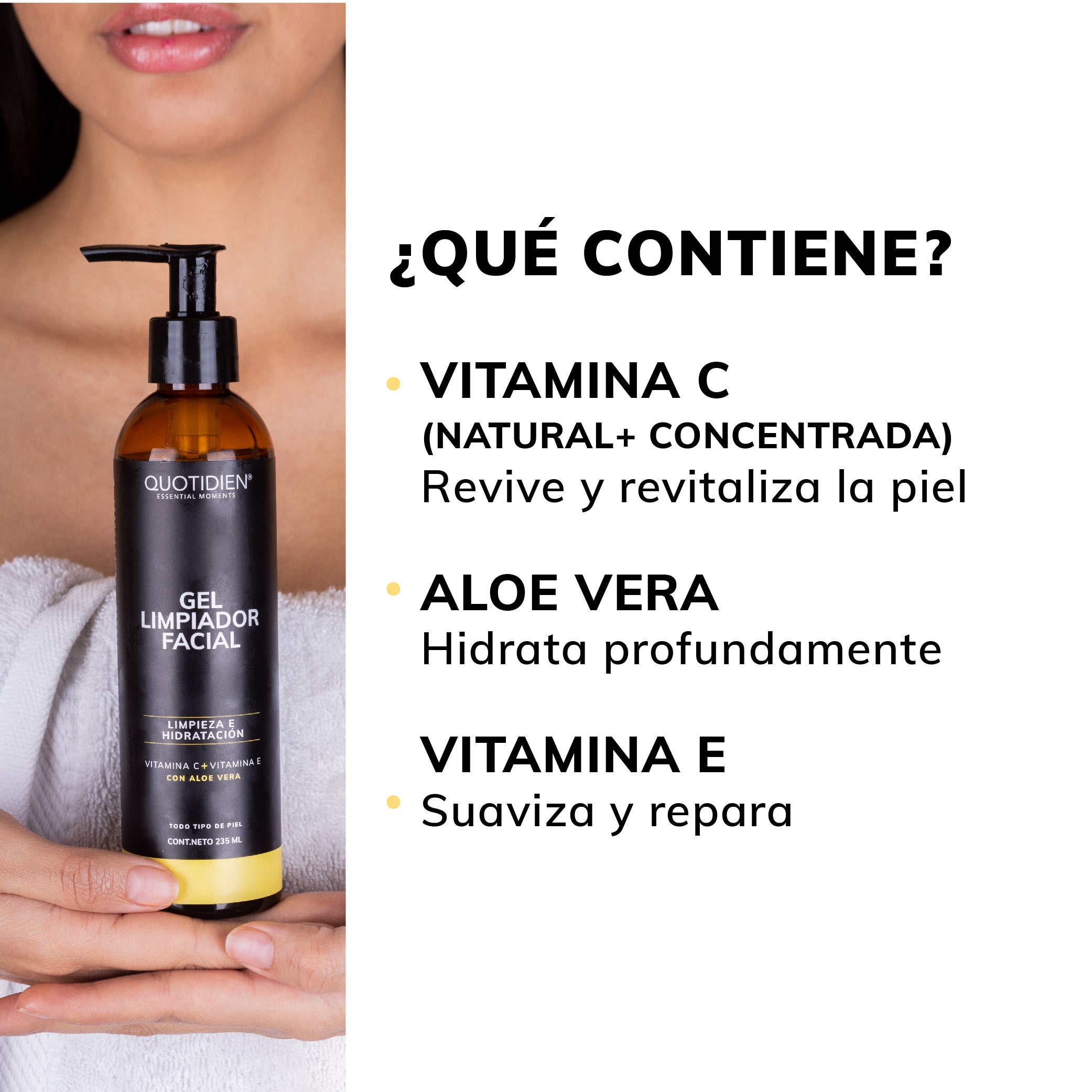 Gel Limpiador Facial con Vitamina C + Vitamina E + Aloe Vera - 80% Ingredientes Naturales - 235ml