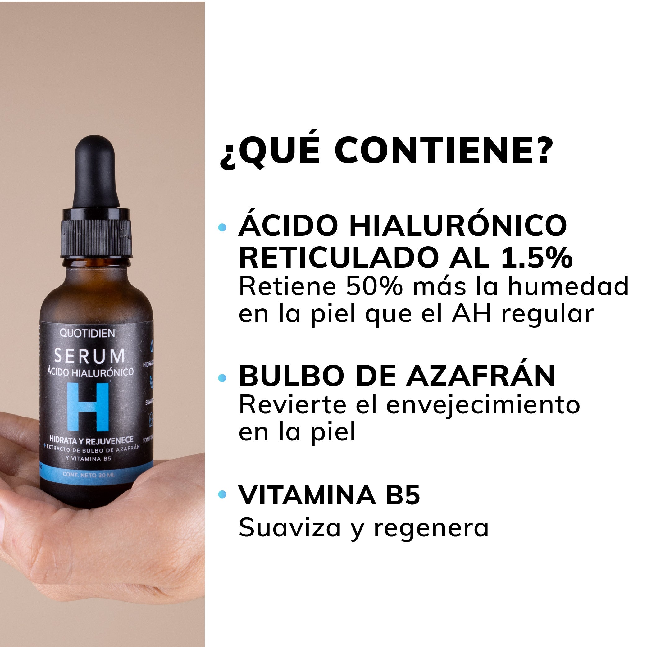 Serum Ácido Hialurónico Facial + Vitamina B5 + Extracto de Bulbo de Azafrán - 99% Ingredientes Naturales - 30ml