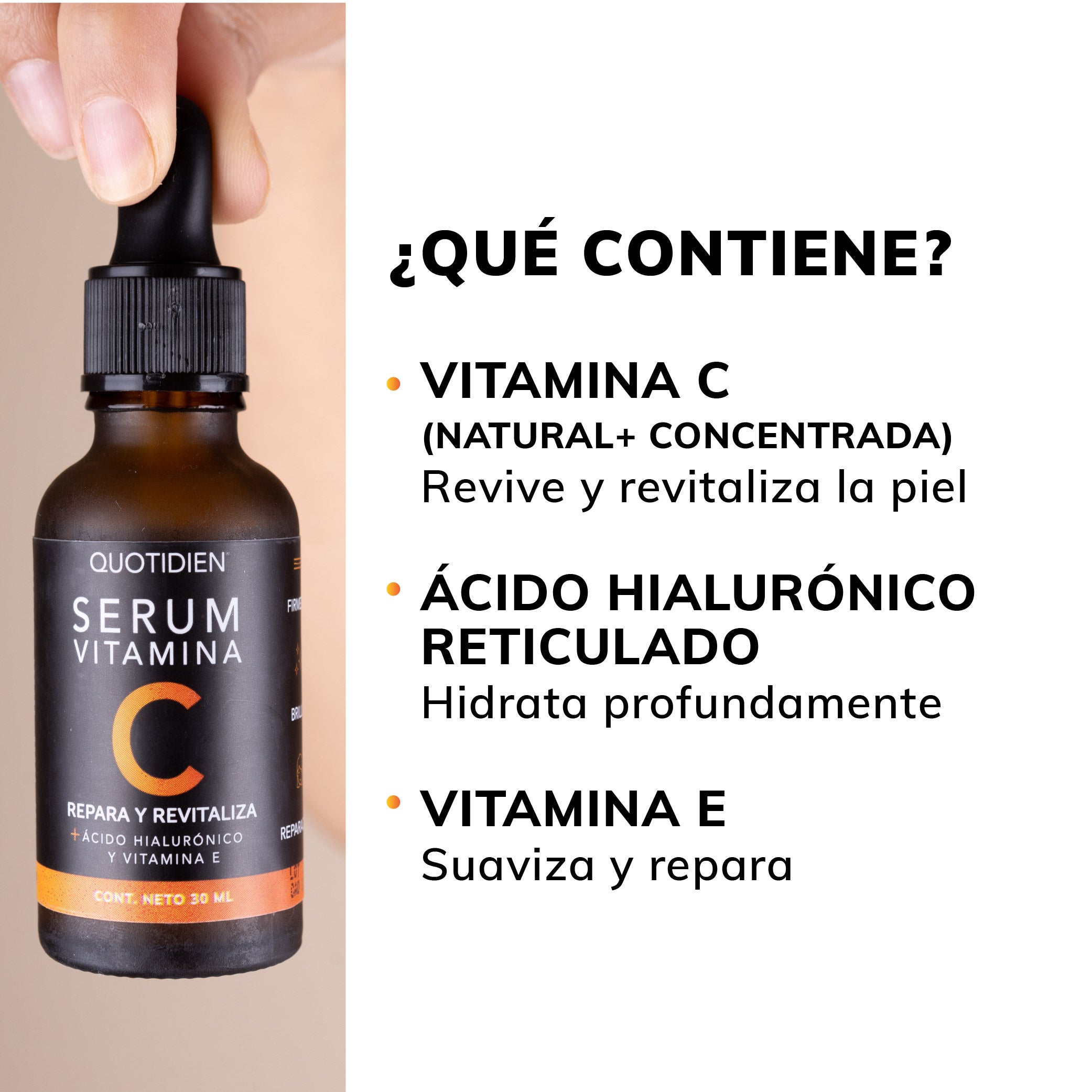 Serum Vitamina C + Ácido Hialurónico + Vitamina E - 95% Ingredientes Naturales - Para Todo Tipo de Piel - 30ml