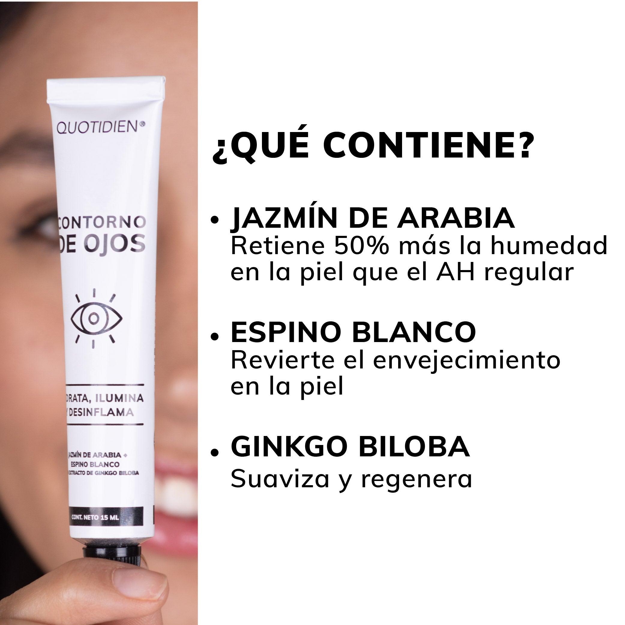 Contorno de Ojos Jazmín de Arabia + Espino Blanco + Extracto de Ginkgo Biloba - 97% Ingredientes Naturales - 15ml