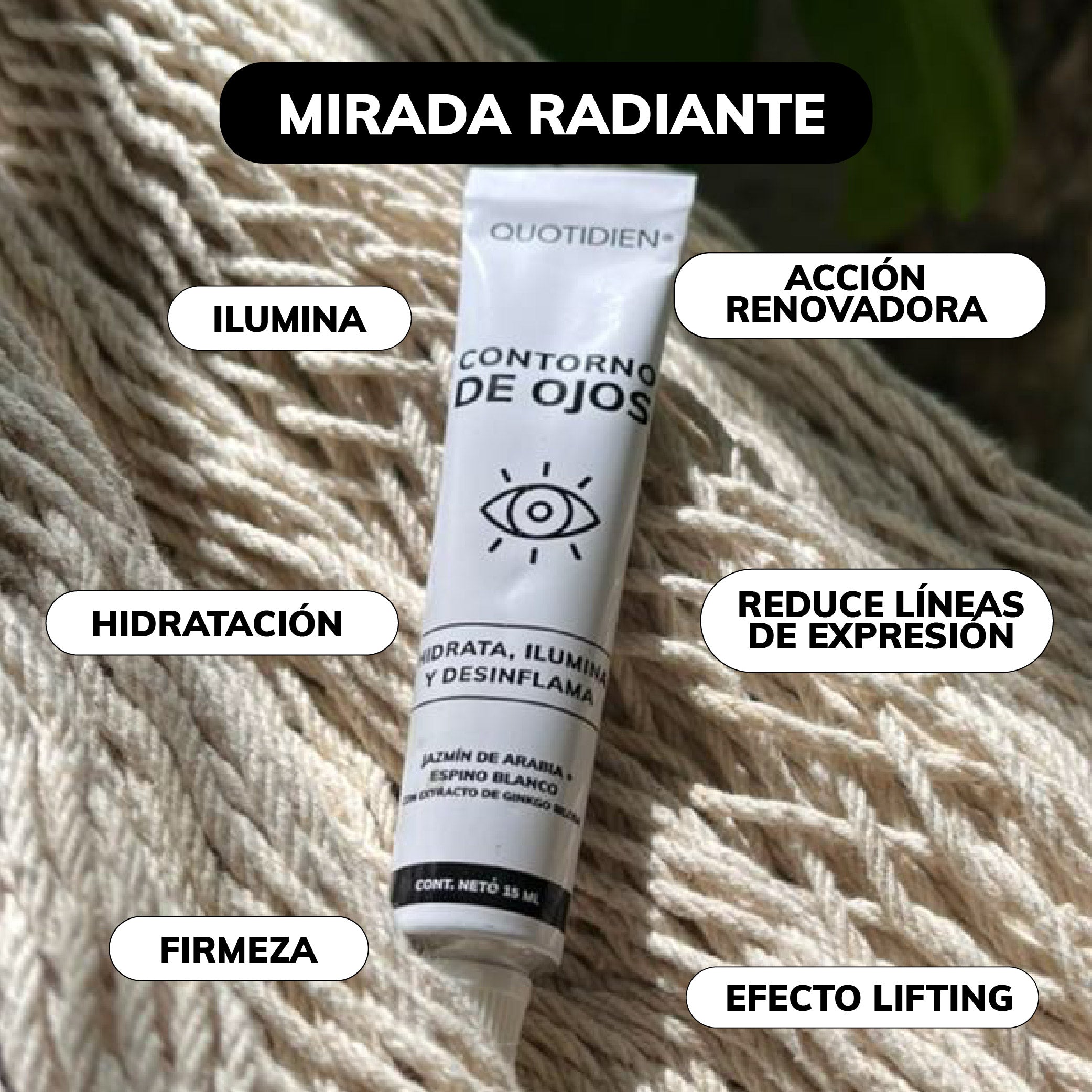 Contorno de Ojos Jazmín de Arabia + Espino Blanco + Extracto de Ginkgo Biloba - 97% Ingredientes Naturales - 15ml