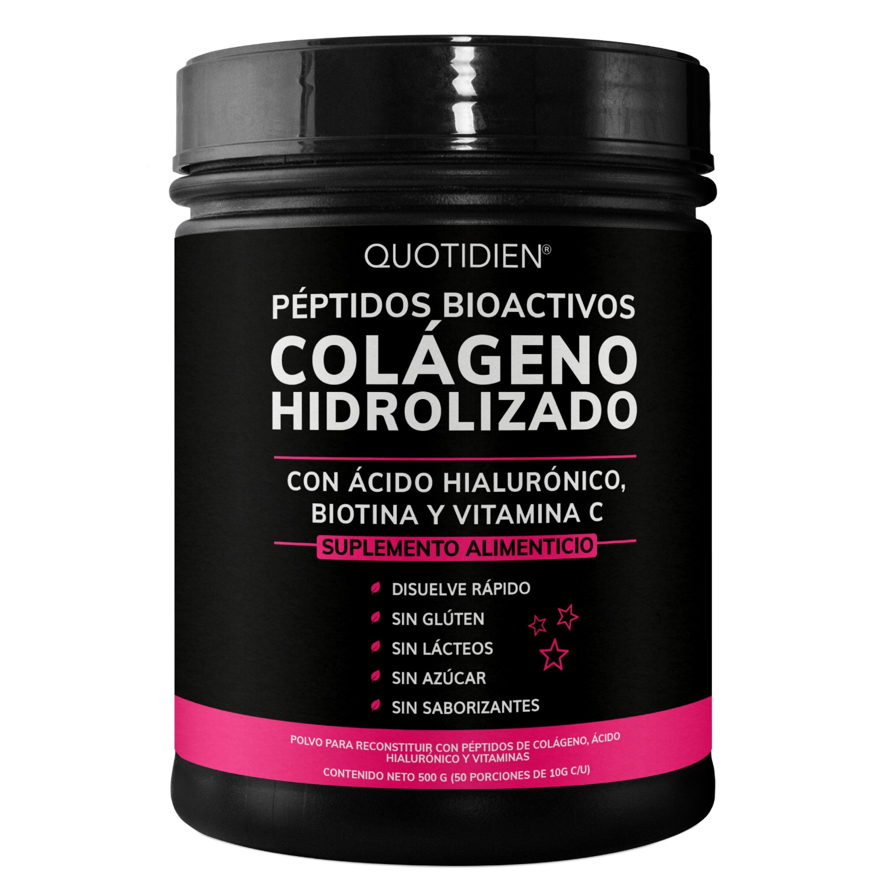 Péptidos Bioactivos de Colágeno Hidrolizado + Ácido Hialurónico + Biotina + Vitamina C  - Disuelve rápido-Sin Sabor- 500g