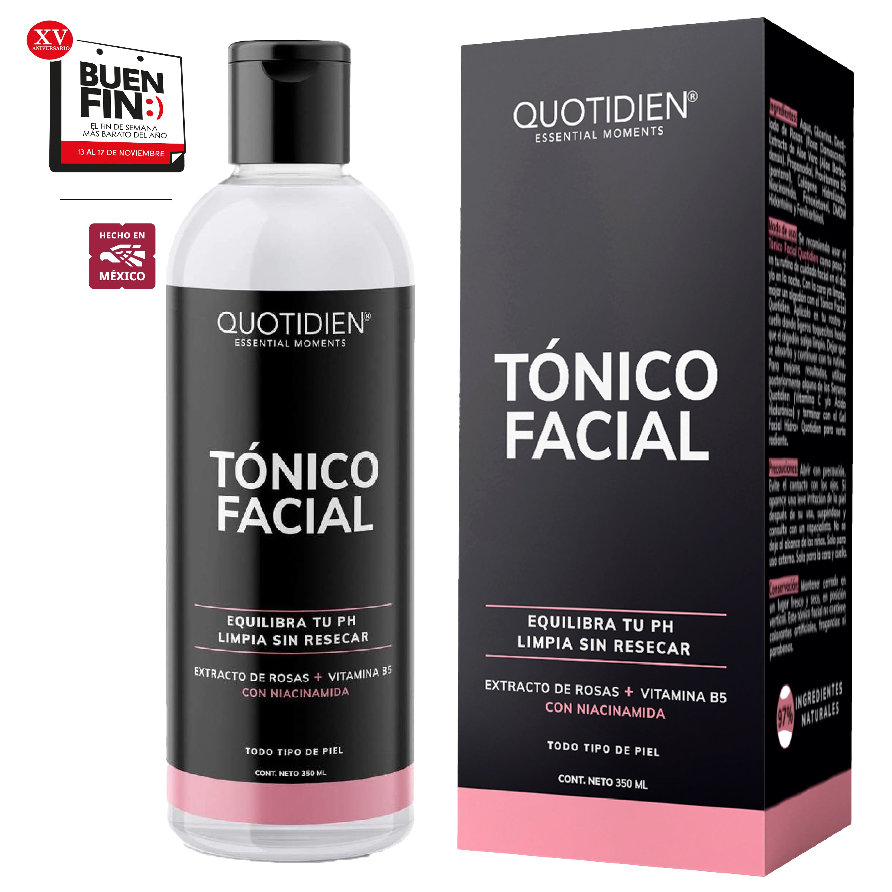 Tónico Facial con Agua de Rosas + Vitamina B5 + Niacinamida - Sin Fragancia - Sin Alcohol Etílico - 97% Ingredientes Naturales - 350ml