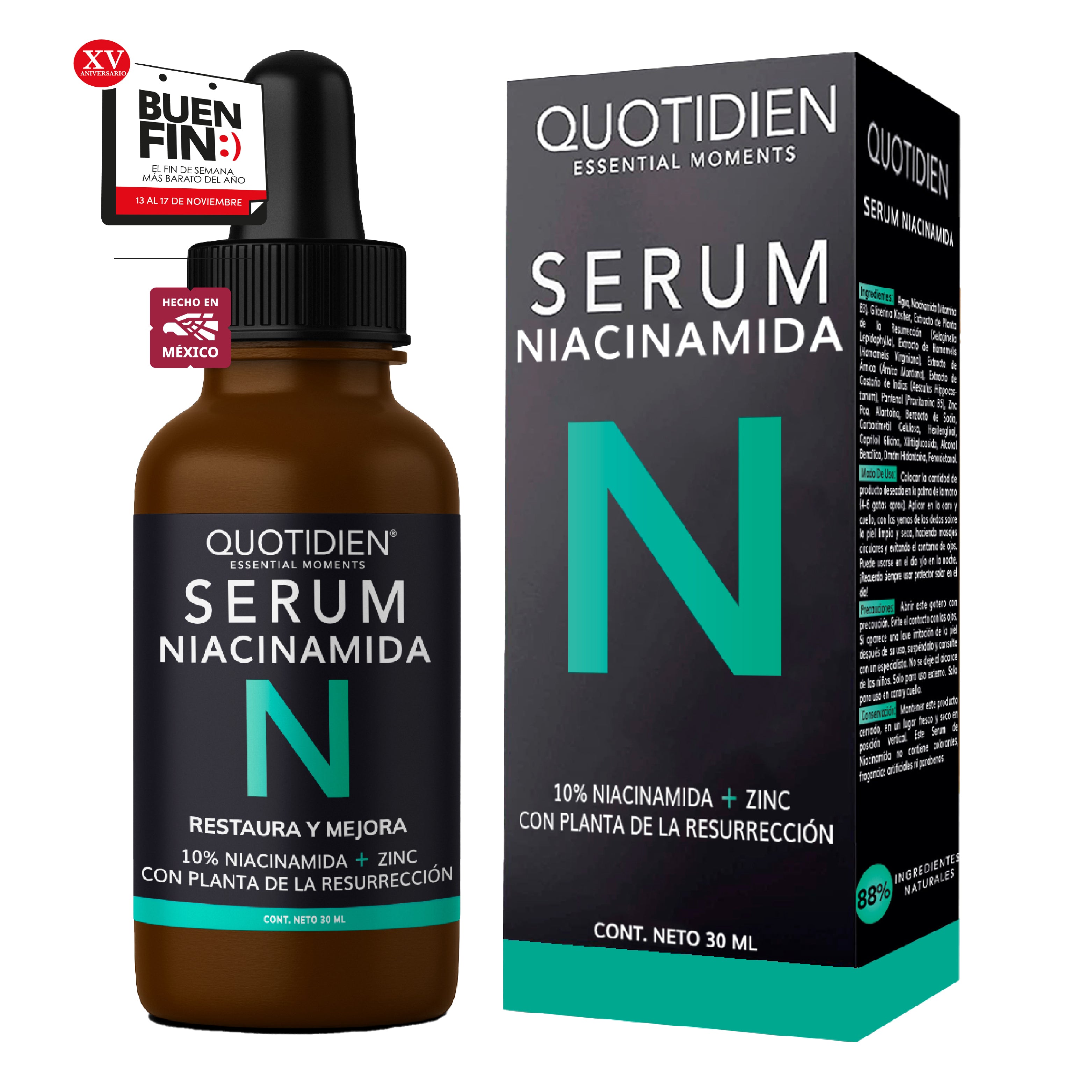 Serum Niacinamida 10% + Zinc + Planta de la Resurrección - 88% Ingredientes Naturales - Para Todo Tipo de Piel - 30ml
