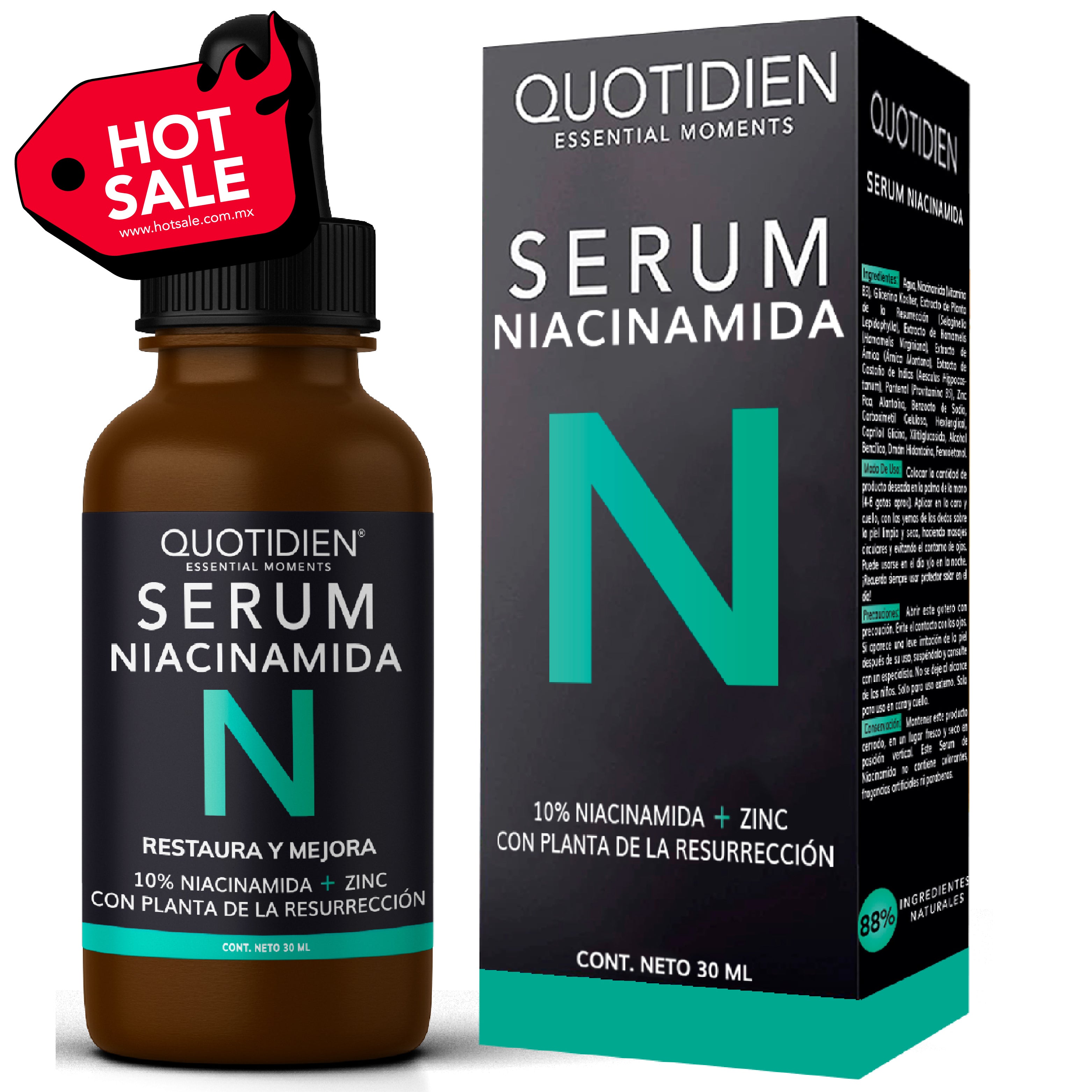 Serum Niacinamida 10% + Zinc + Planta de la Resurrección - 88% Ingredientes Naturales - Para Todo Tipo de Piel - 30ml