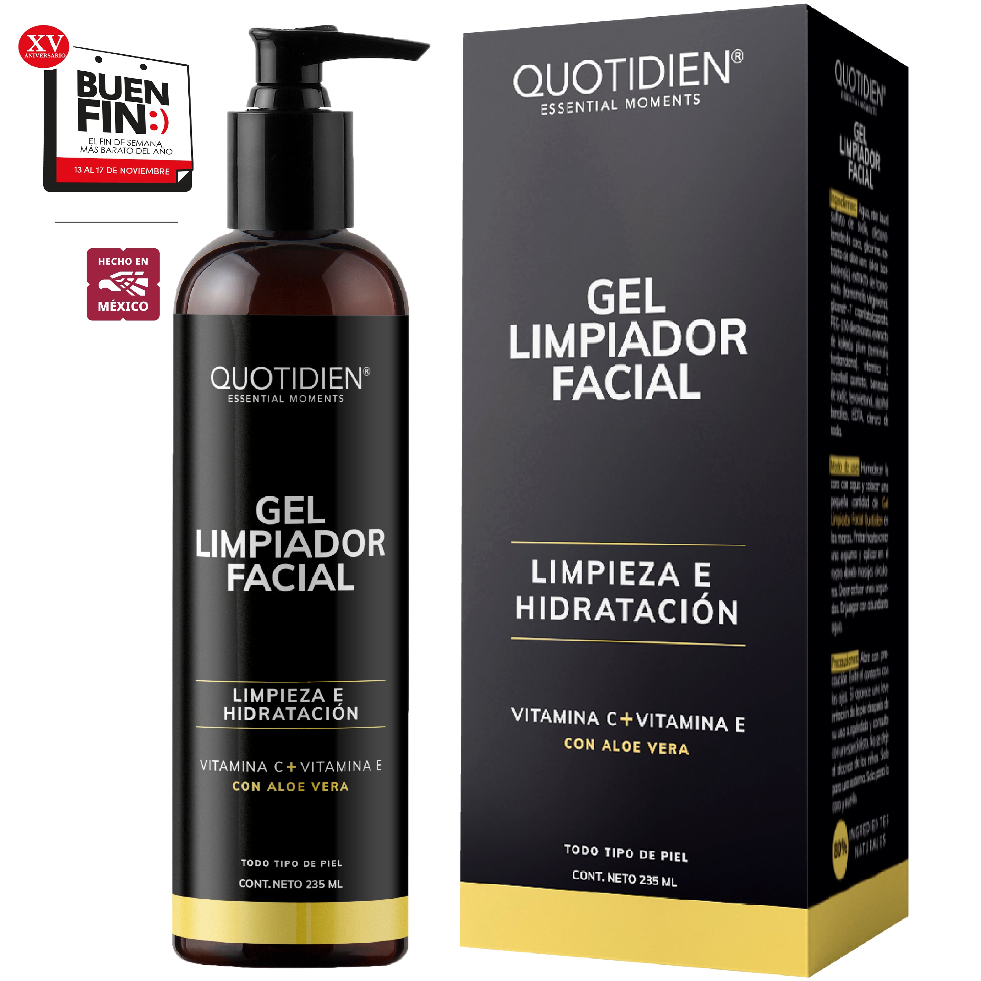 Gel Limpiador Facial con Vitamina C + Vitamina E + Aloe Vera - 80% Ingredientes Naturales - 235ml