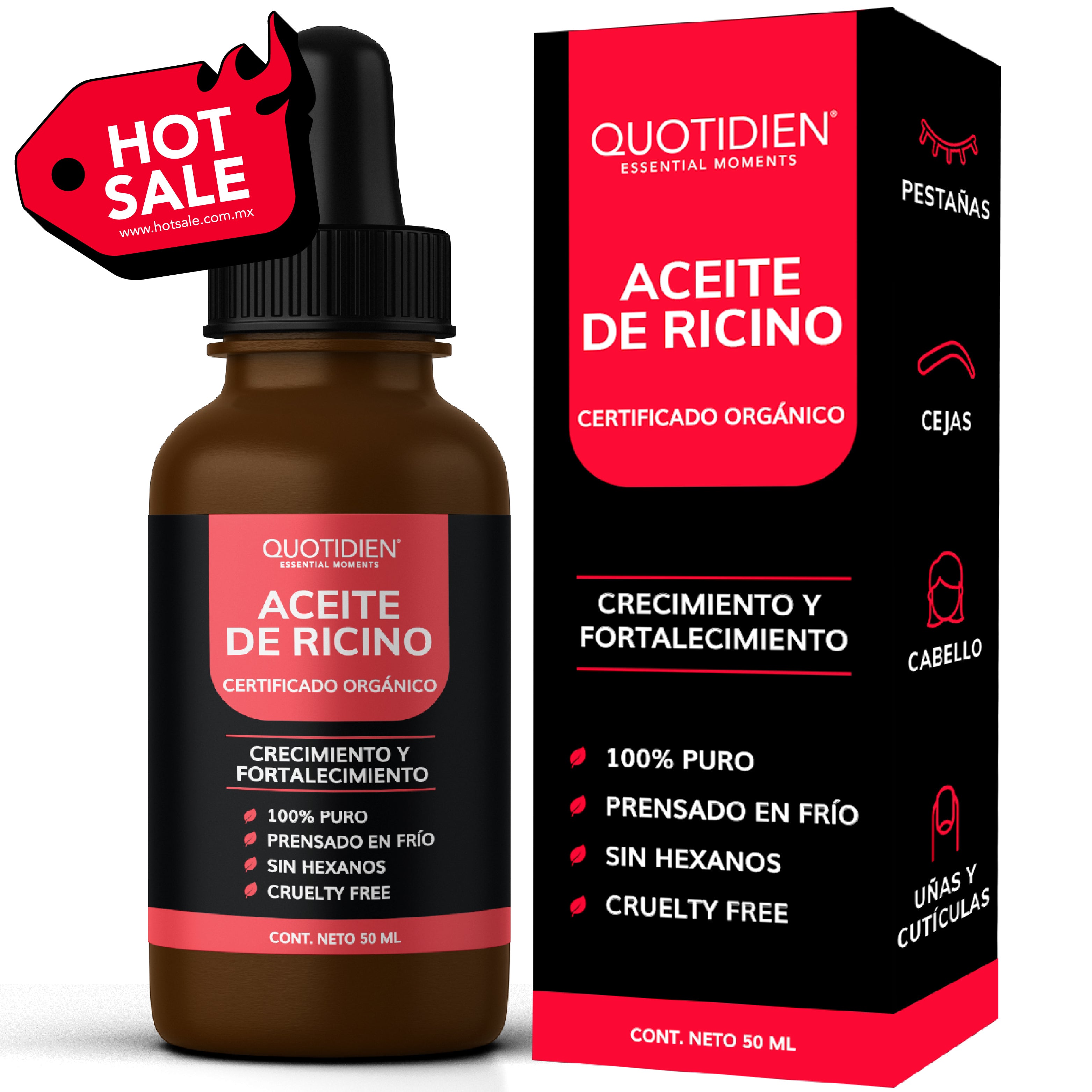 Aceite de Ricino Certificado Orgánico por OTCO - Prensado en Frío, Sin Hexanos - 100% Puro -  50ml