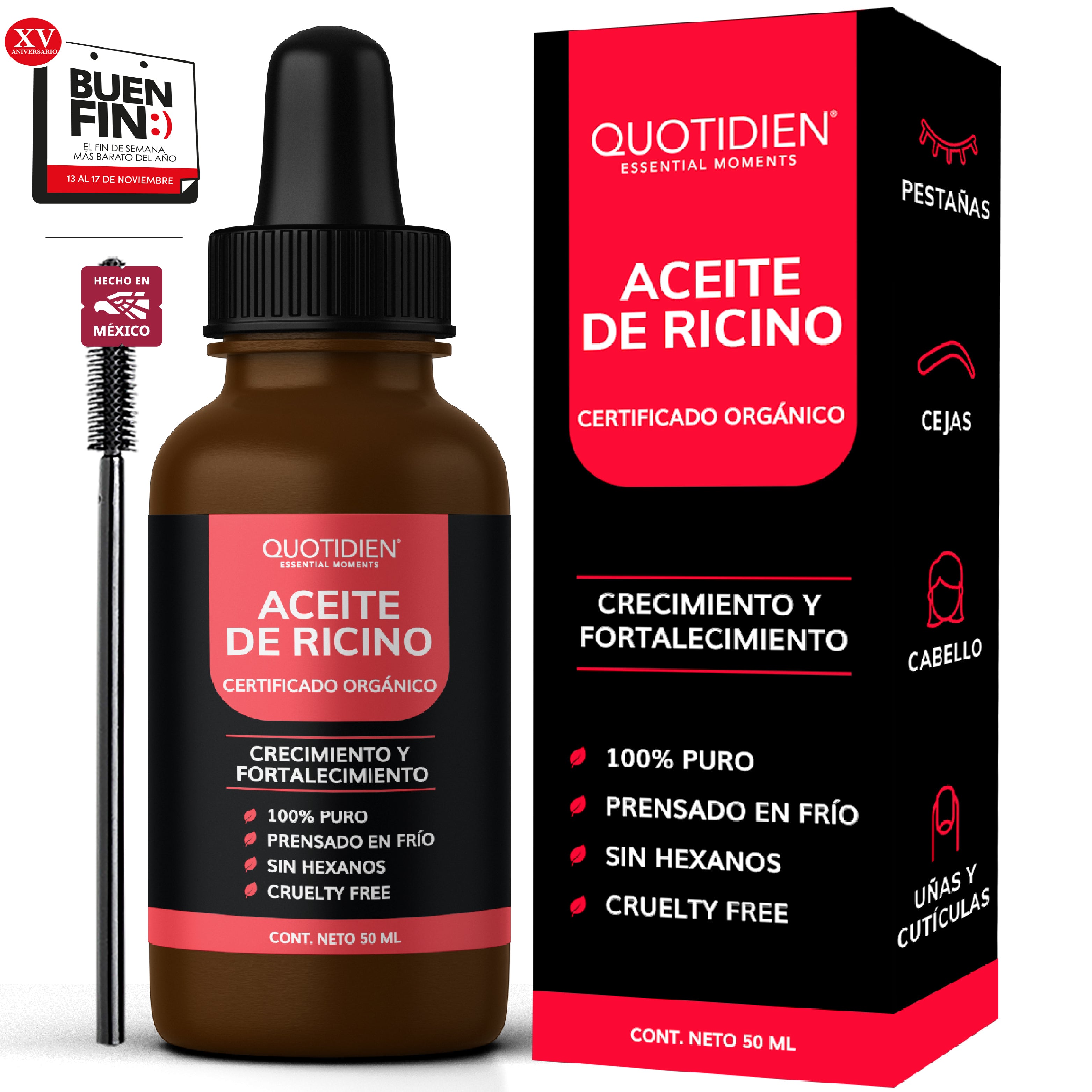 Aceite de Ricino Certificado Orgánico por OTCO - Prensado en Frío, Sin Hexanos - 100% Puro -50ml