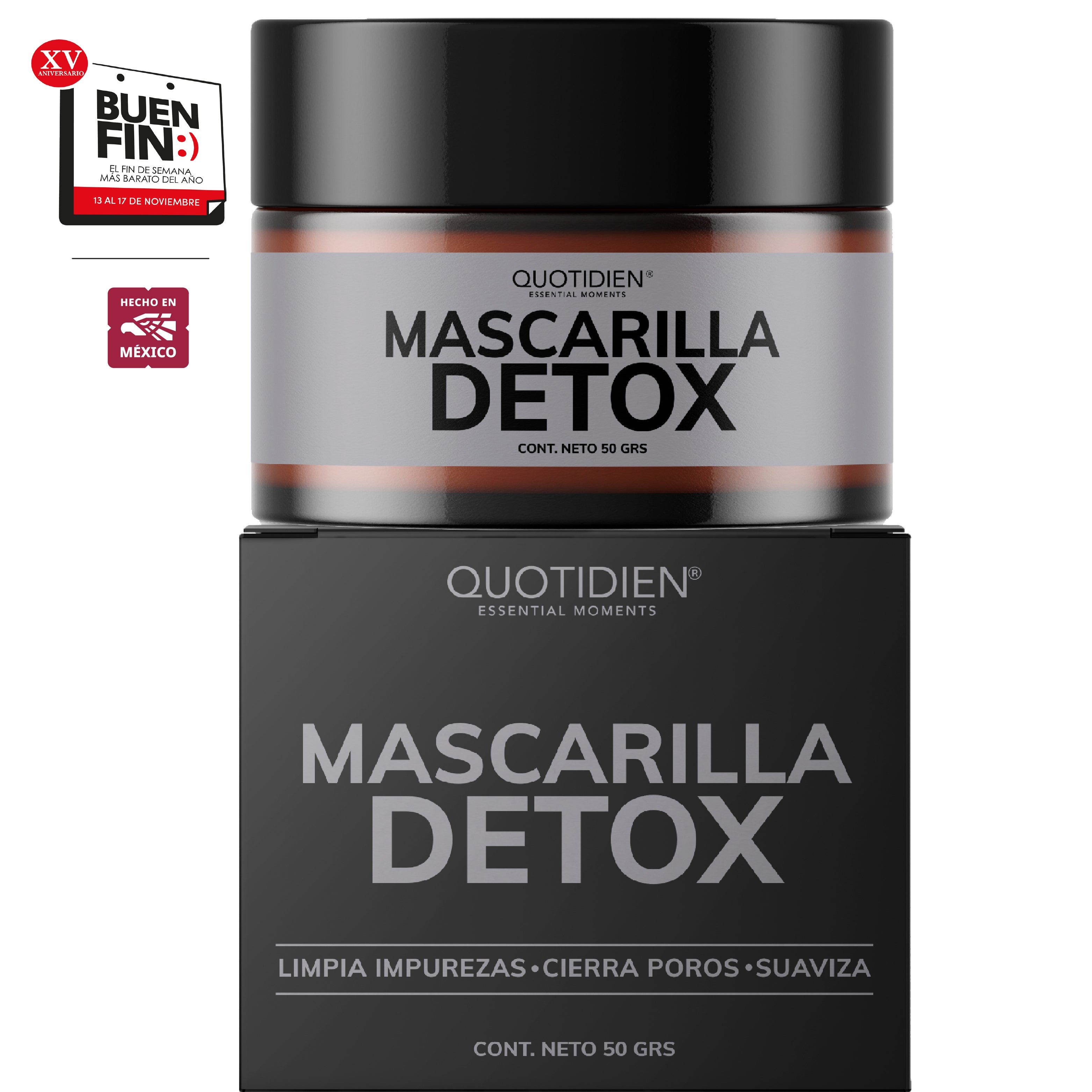 Mascarilla Facial Detox de Carbón Activado + Arcillas Puras (Kaolin y Bentonita) + Cera de Arroz + Extractos Naturales - 94% Ingredientes Naturales