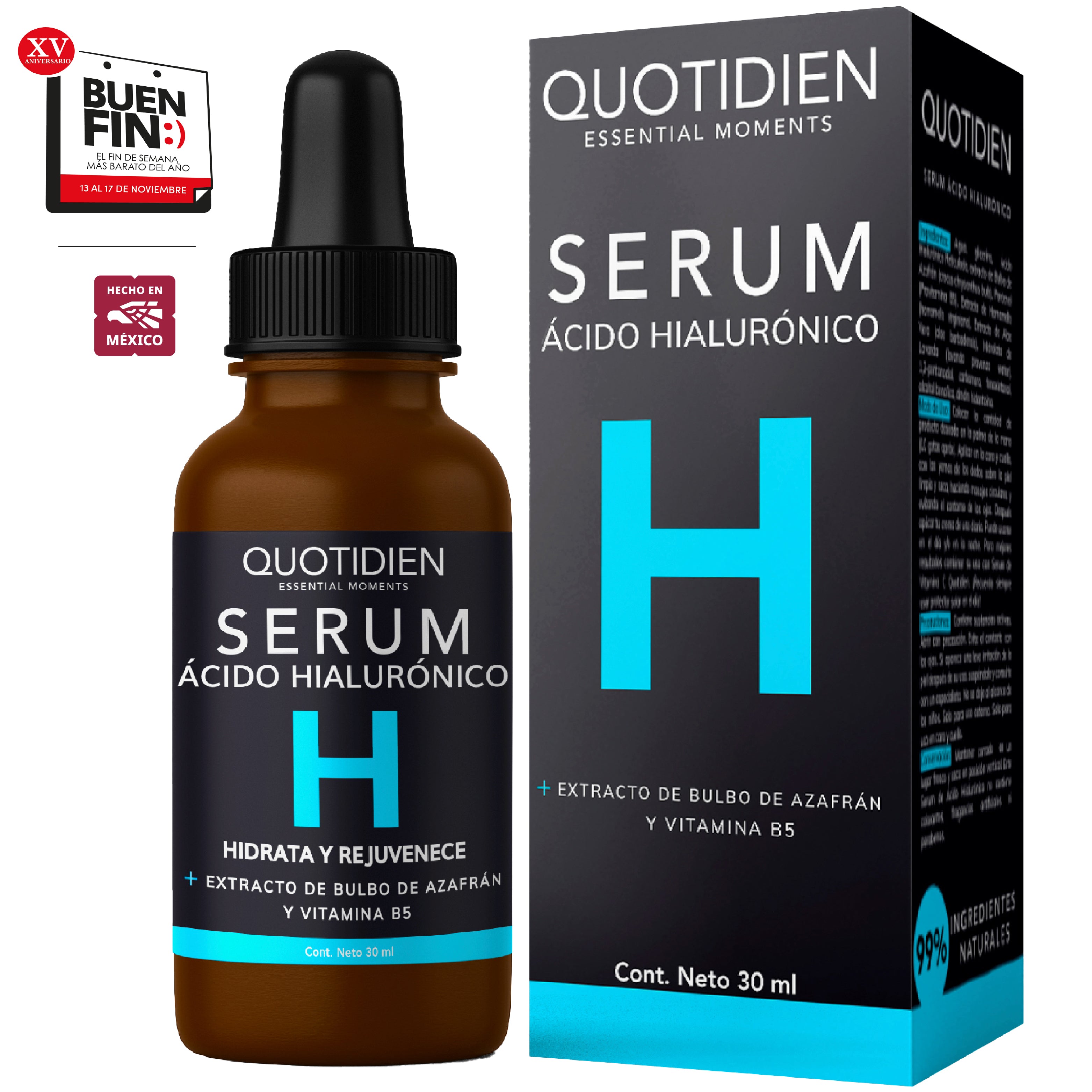 Serum Ácido Hialurónico Facial + Vitamina B5 + Extracto de Bulbo de Azafrán - 99% Ingredientes Naturales - 30ml