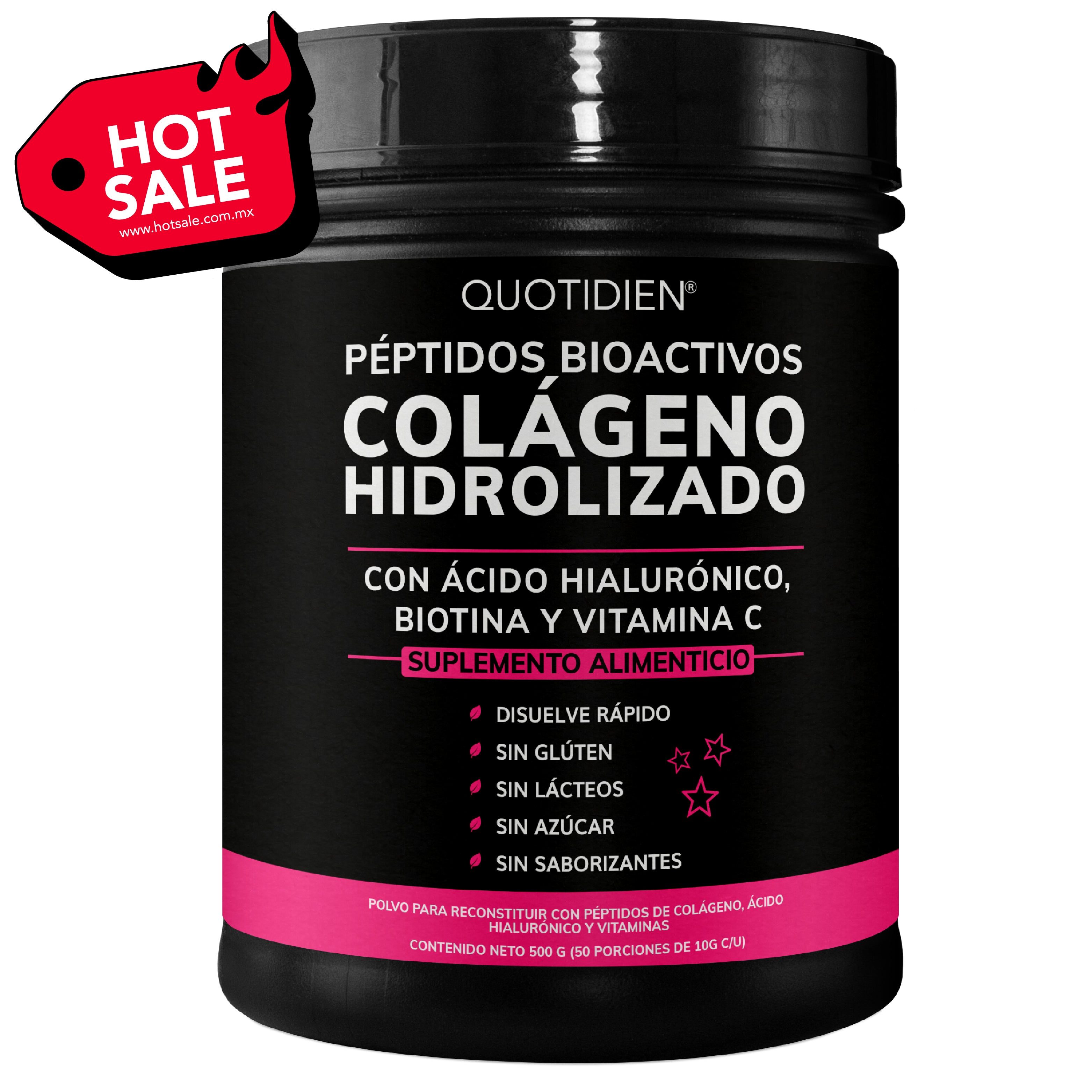 Péptidos Bioactivos de Colágeno Hidrolizado + Ácido Hialurónico + Biotina + Vitamina C  - Disuelve rápido-Sin Sabor- 500g