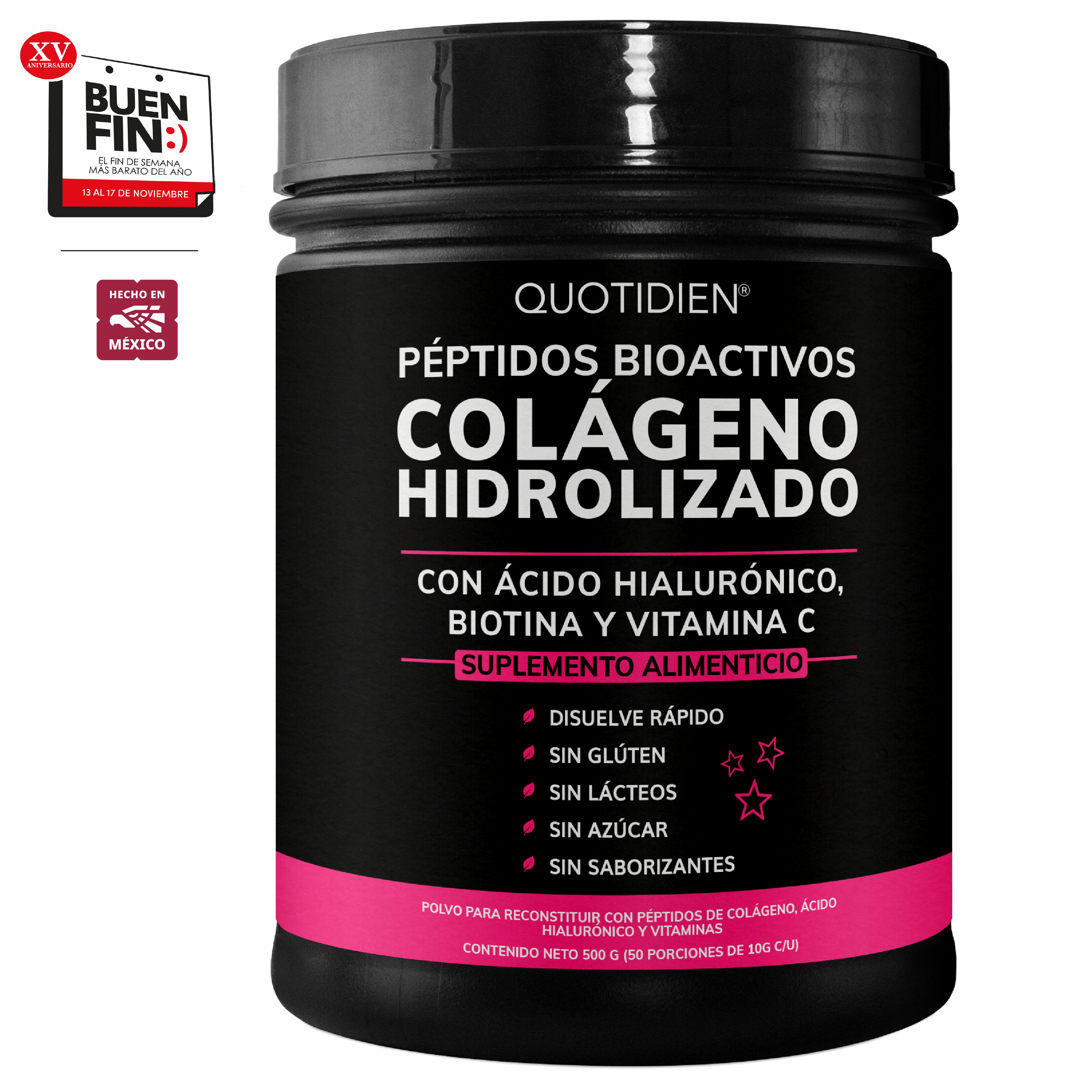 Péptidos Bioactivos de Colágeno Hidrolizado + Ácido Hialurónico + Biotina + Vitamina C  - Disuelve rápido-Sin Sabor- 500g