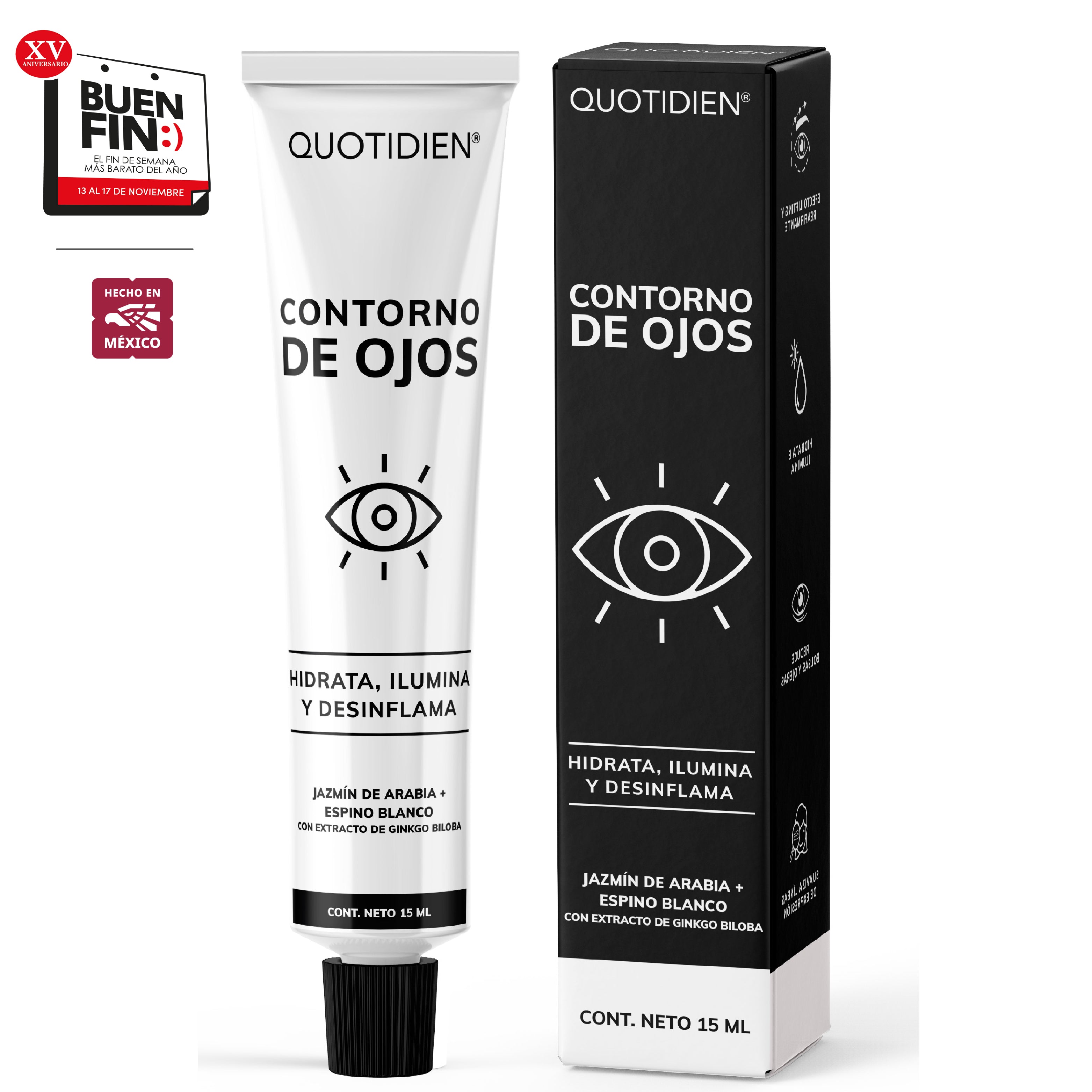 Contorno de Ojos Jazmín de Arabia + Espino Blanco + Extracto de Ginkgo Biloba - 97% Ingredientes Naturales - 15ml