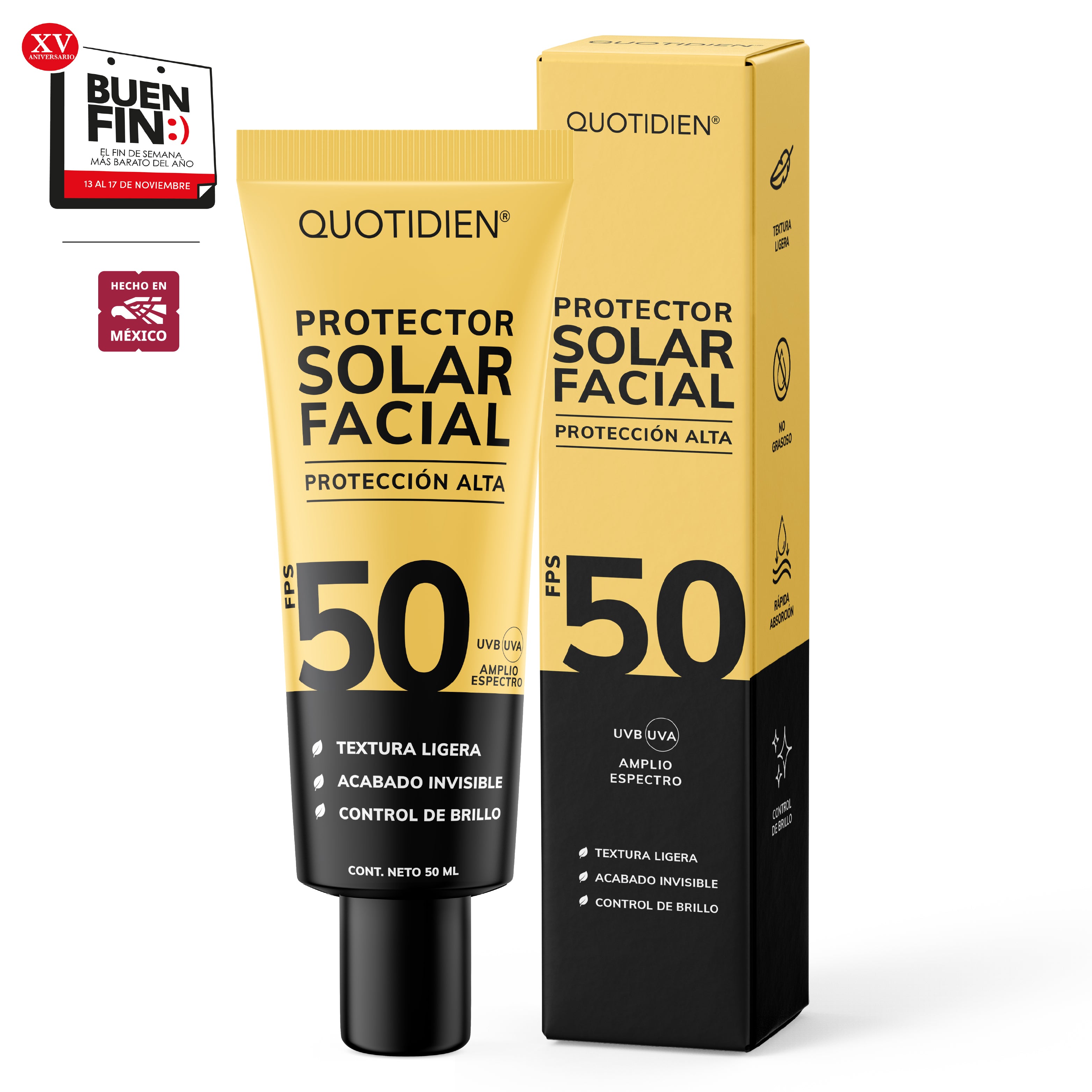 Protector Solar Facial FPS 50 - Textura ligera - Acabado Invisible - Control de Brillo - 50 ml