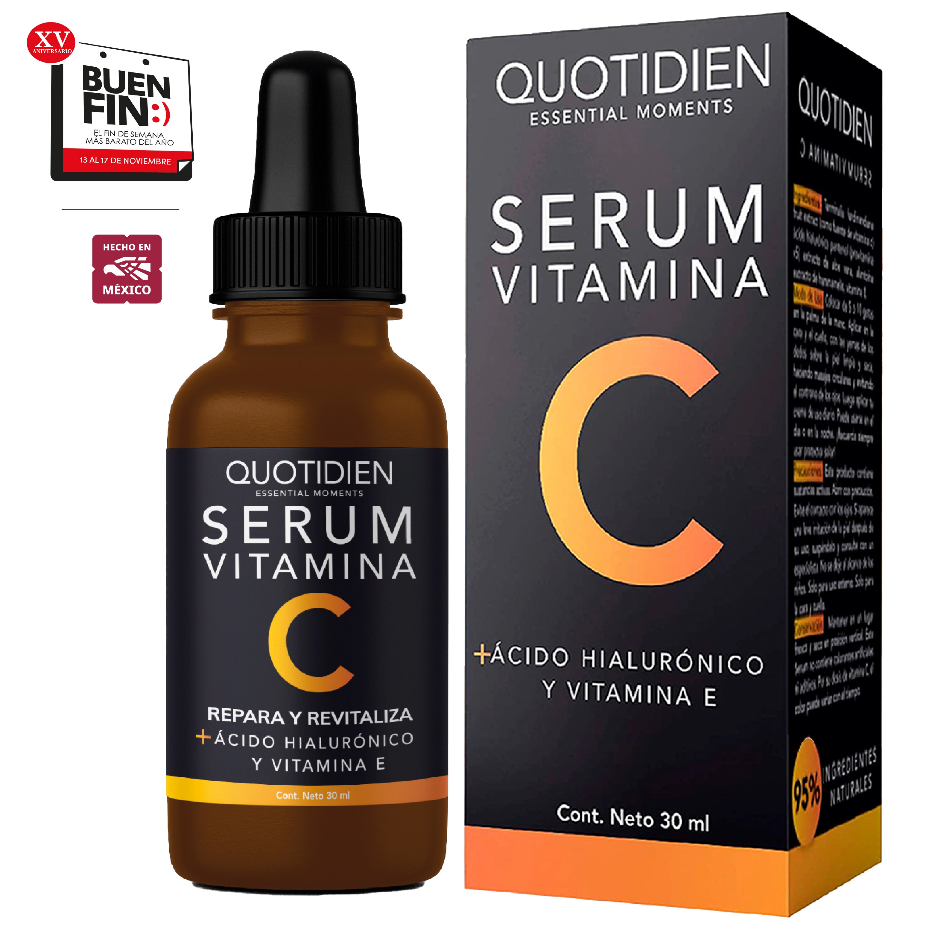 Serum Vitamina C + Ácido Hialurónico + Vitamina E - 95% Ingredientes Naturales - Para Todo Tipo de Piel - 30ml
