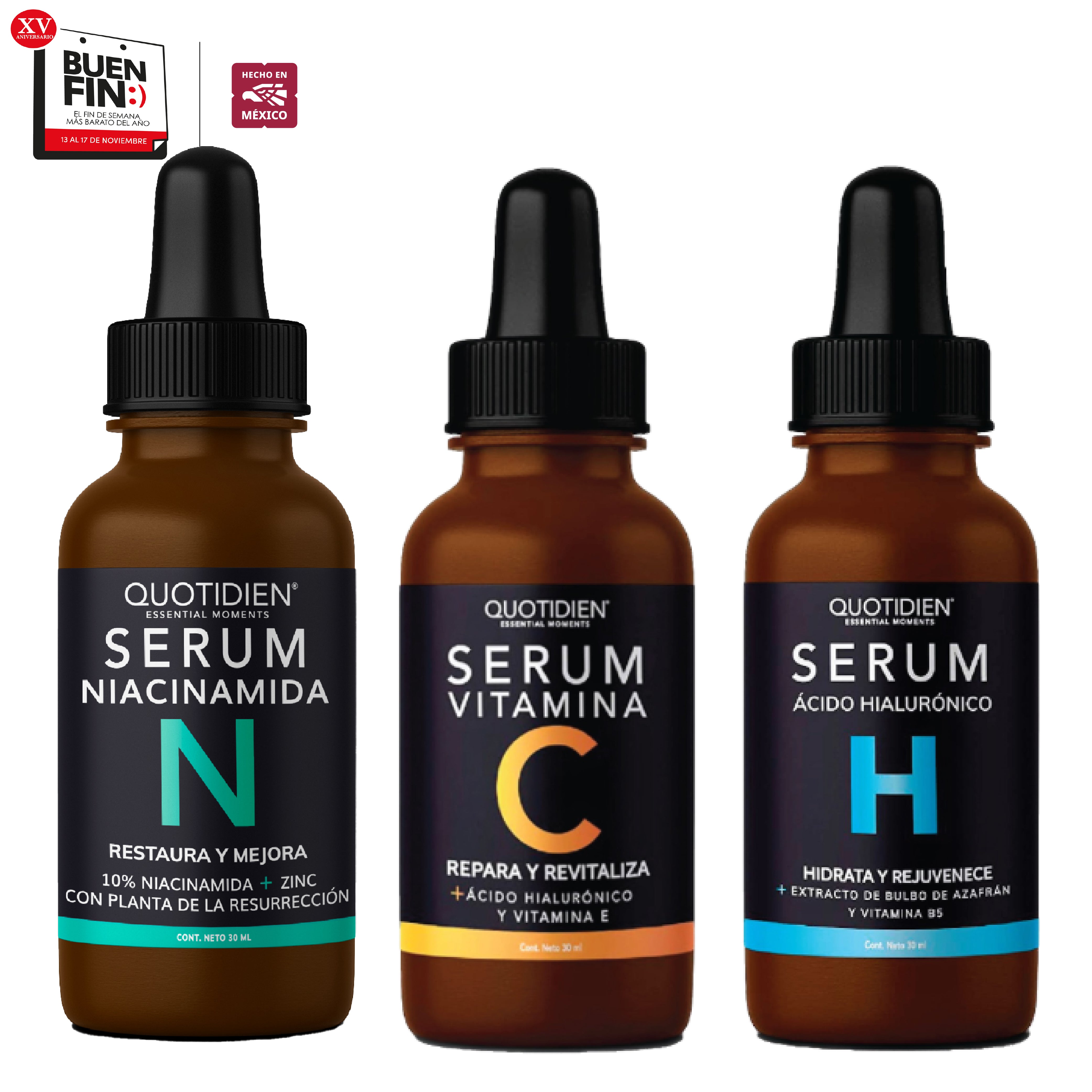 Kit Los Esenciales (47% OFF) - Serum de Vitamina C 30ml + Serum de Niacinamida 30ml + Serum de Ácido Hialurónico 30ml