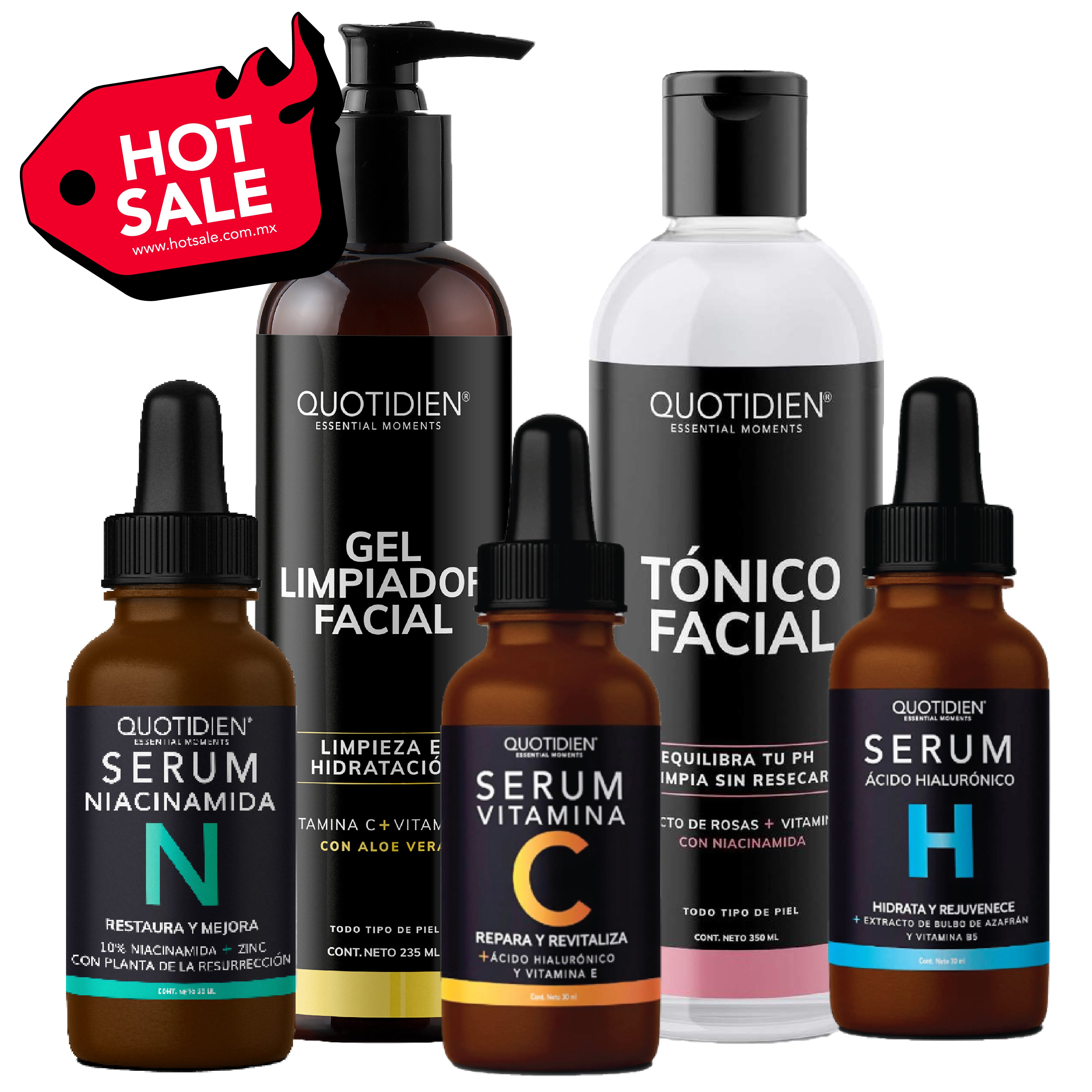 Kit Piel Radiante (51% OFF) - Limpiador Facial + Tónico Facial + Serum de Vitamina C + Serum de Niacinamida + Serum de Ácido Hialurónico