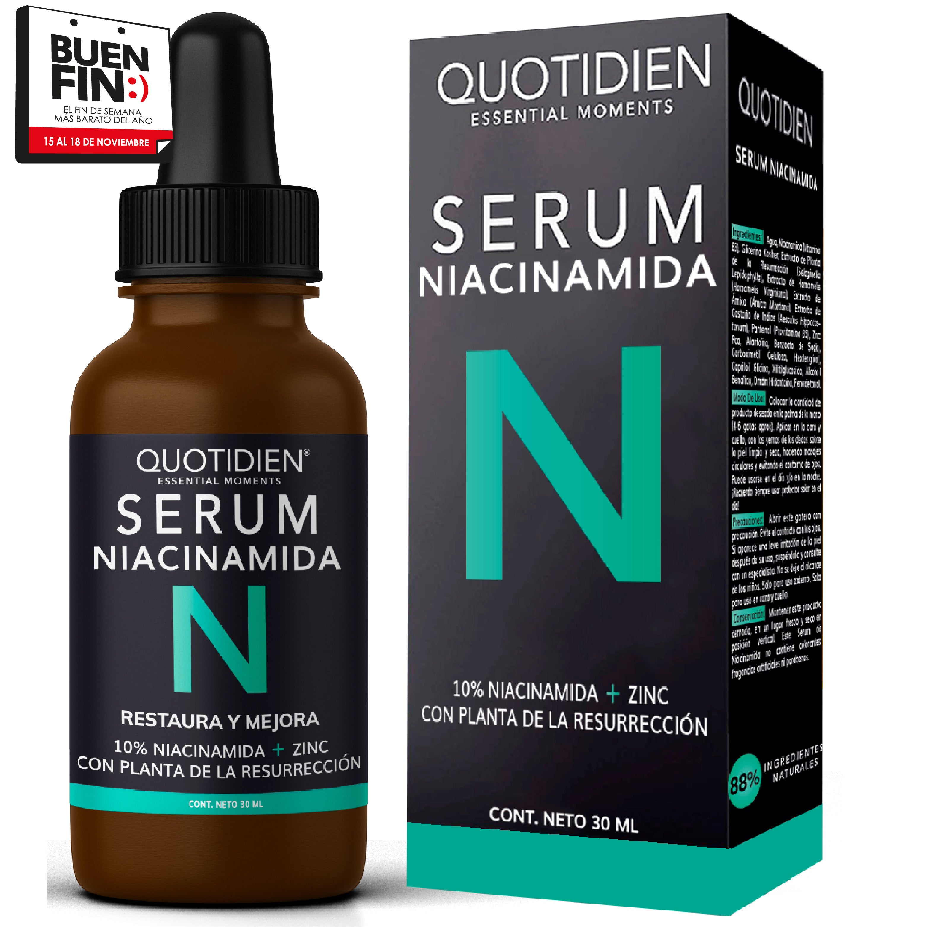 Serum Niacinamida 10% + Zinc + Planta de la Resurrección - 88% Ingredientes Naturales - Para Todo Tipo de Piel - 30ml