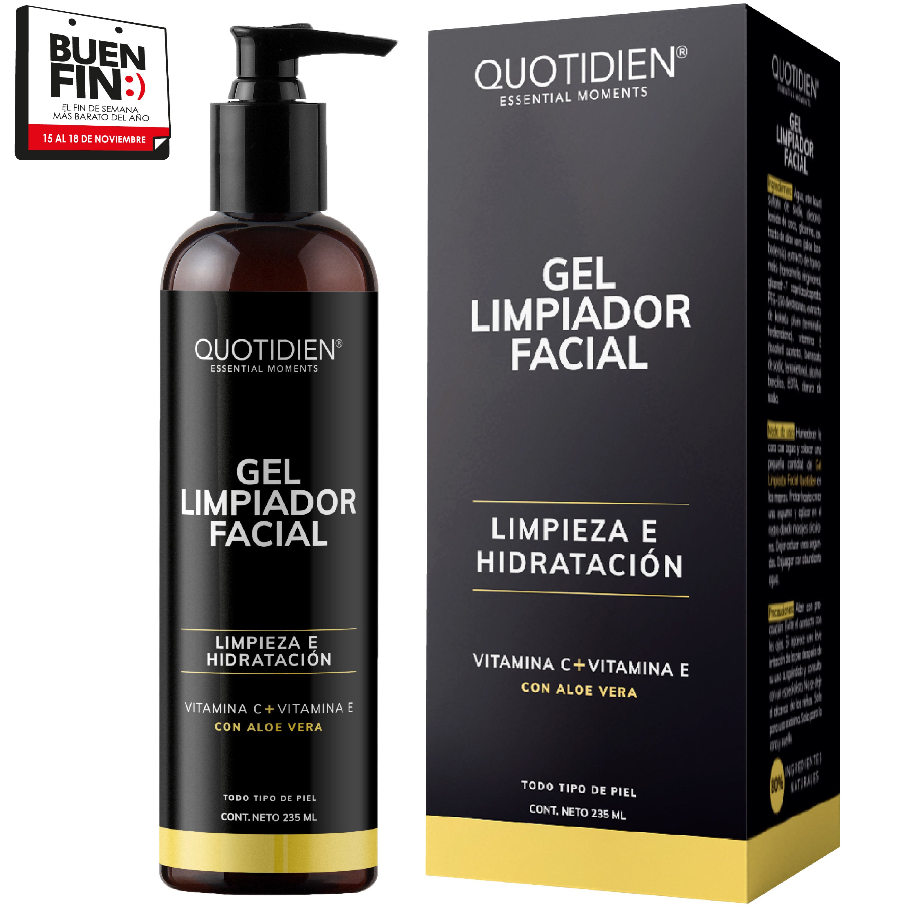 Gel Limpiador Facial con Vitamina C + Vitamina E + Aloe Vera - 80% Ingredientes Naturales - 235ml