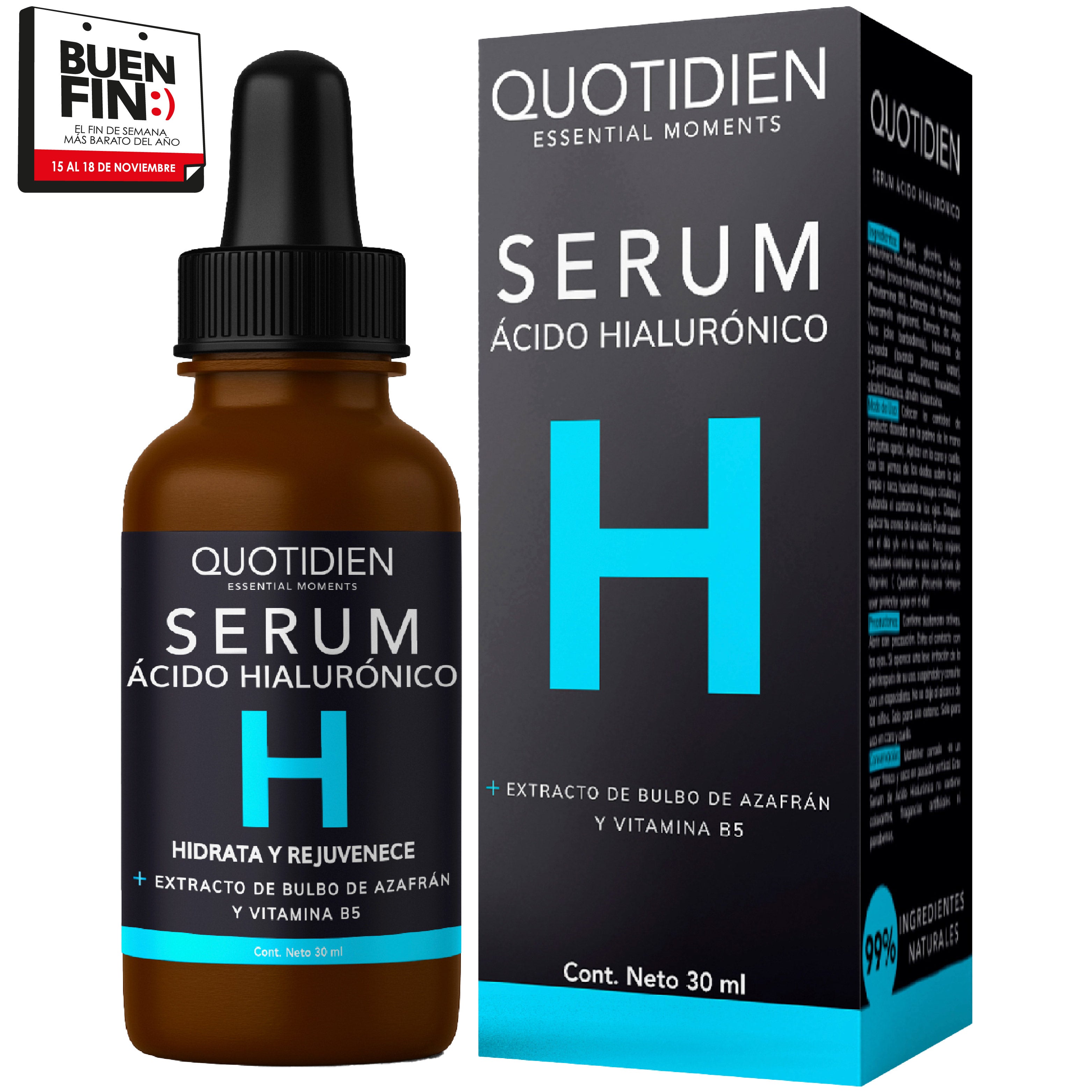 Serum Ácido Hialurónico Facial + Vitamina B5 + Extracto de Bulbo de Azafrán - 99% Ingredientes Naturales - 30ml