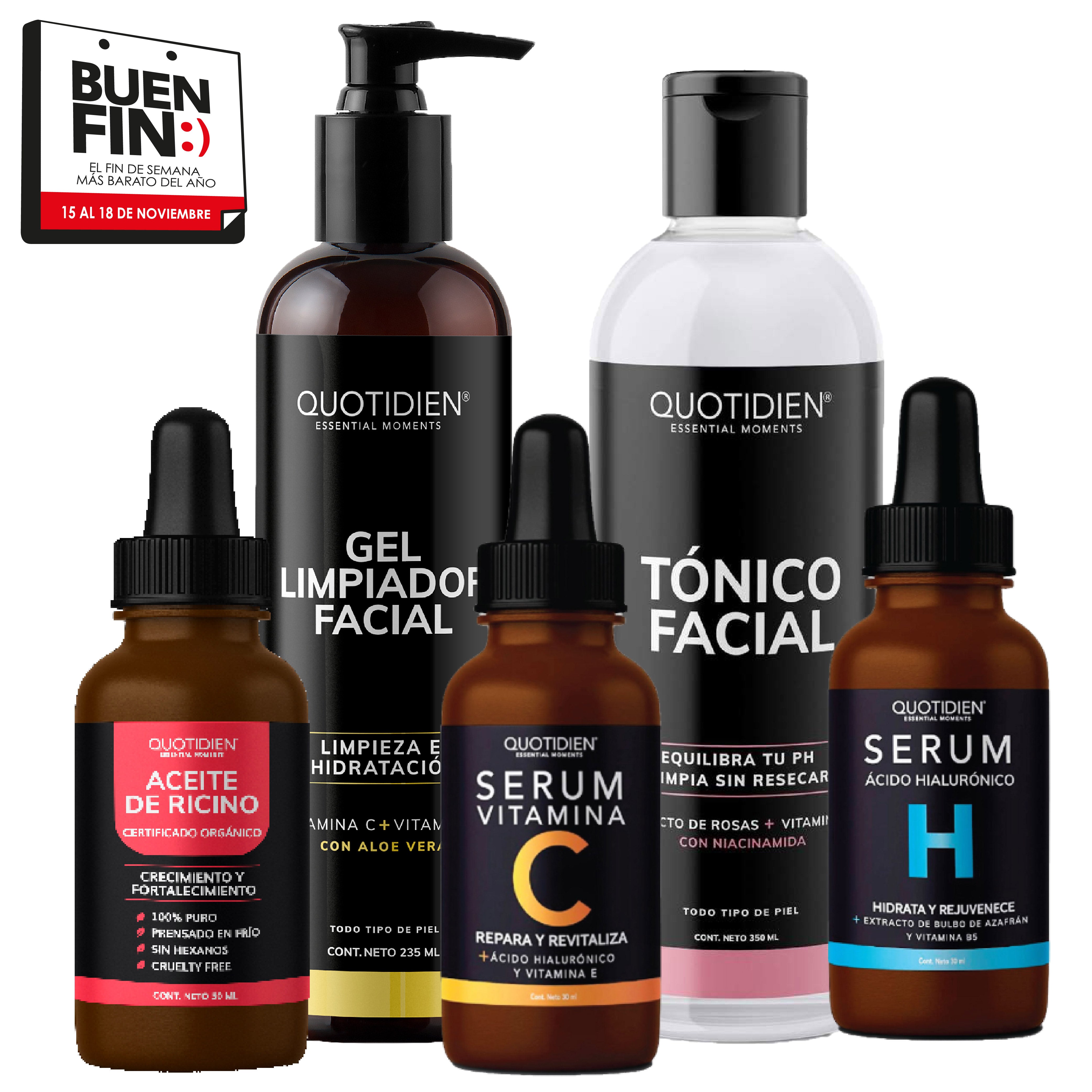 Kit Complementos (44% OFF): 1 Limpiador Facial 235 ml + 1 Tónico Facial 350 ml + 1 Serum Vit C 30ml + 1 Serum Ácido H 30ml + 1 Aceite de Ricino 50ml