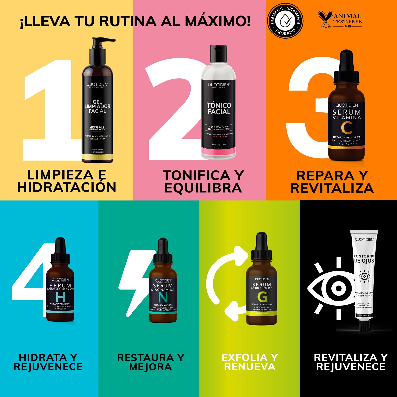 NUEVO: Kit Piel Deslumbrante (47% OFF) - Limpiador + Tónico + Serum Vitamina C + Serum Niacinamida + Serum Ácido Glicólico + Serum Ácido Hialurónico + Contorno de Ojos