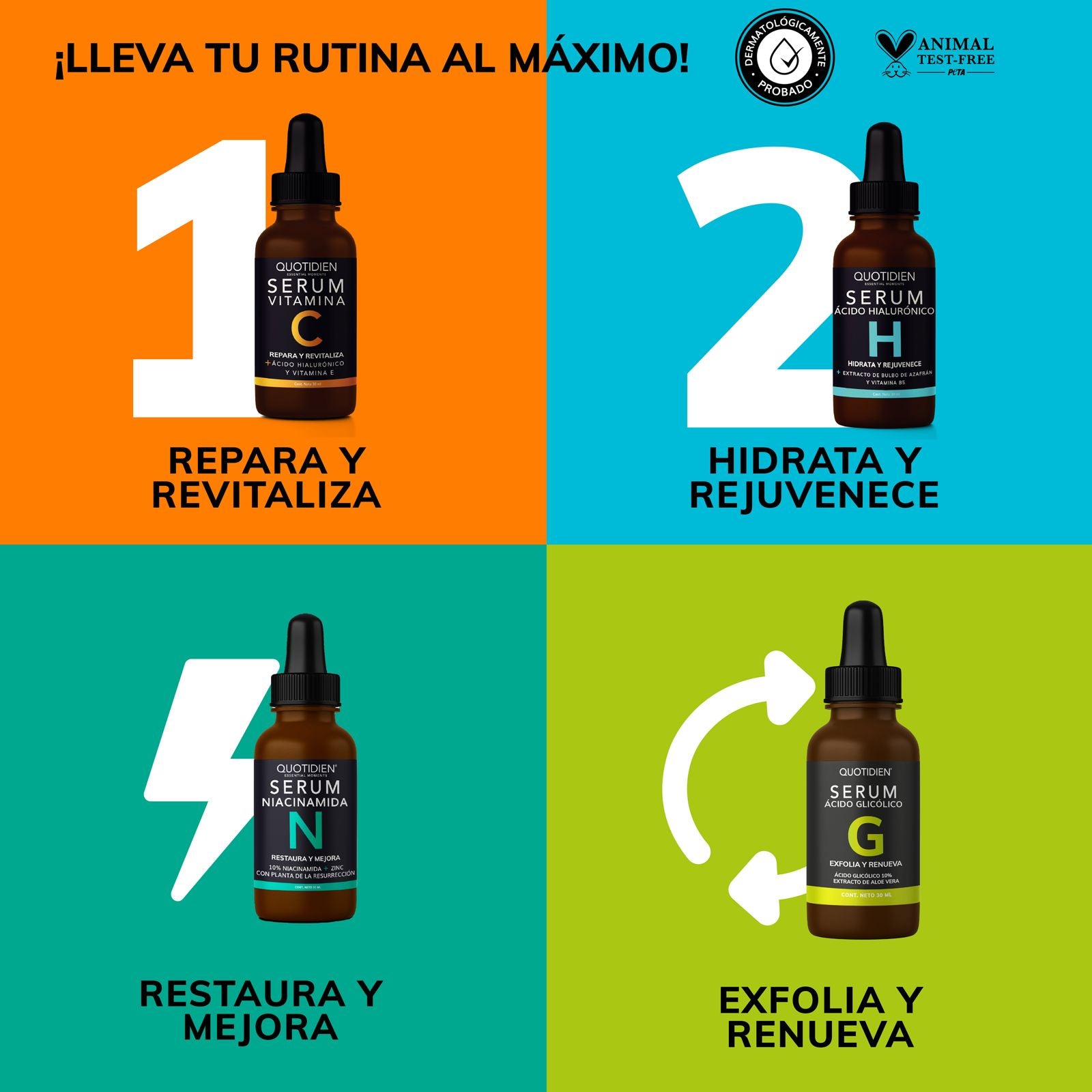 NUEVO: Kit Los 4 Fantásticos (44% OFF) - Serum de Vitamina C 30ml + Serum de Niacinamida 30ml + Serum Ácido Glicólico 30ml + Serum de Ácido Hialurónico 30ml