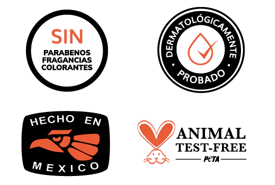 nuestros productos son sin parabenos, fragancias, colorantes, dermatologicamente probados, hechos en méxico y animal test-free